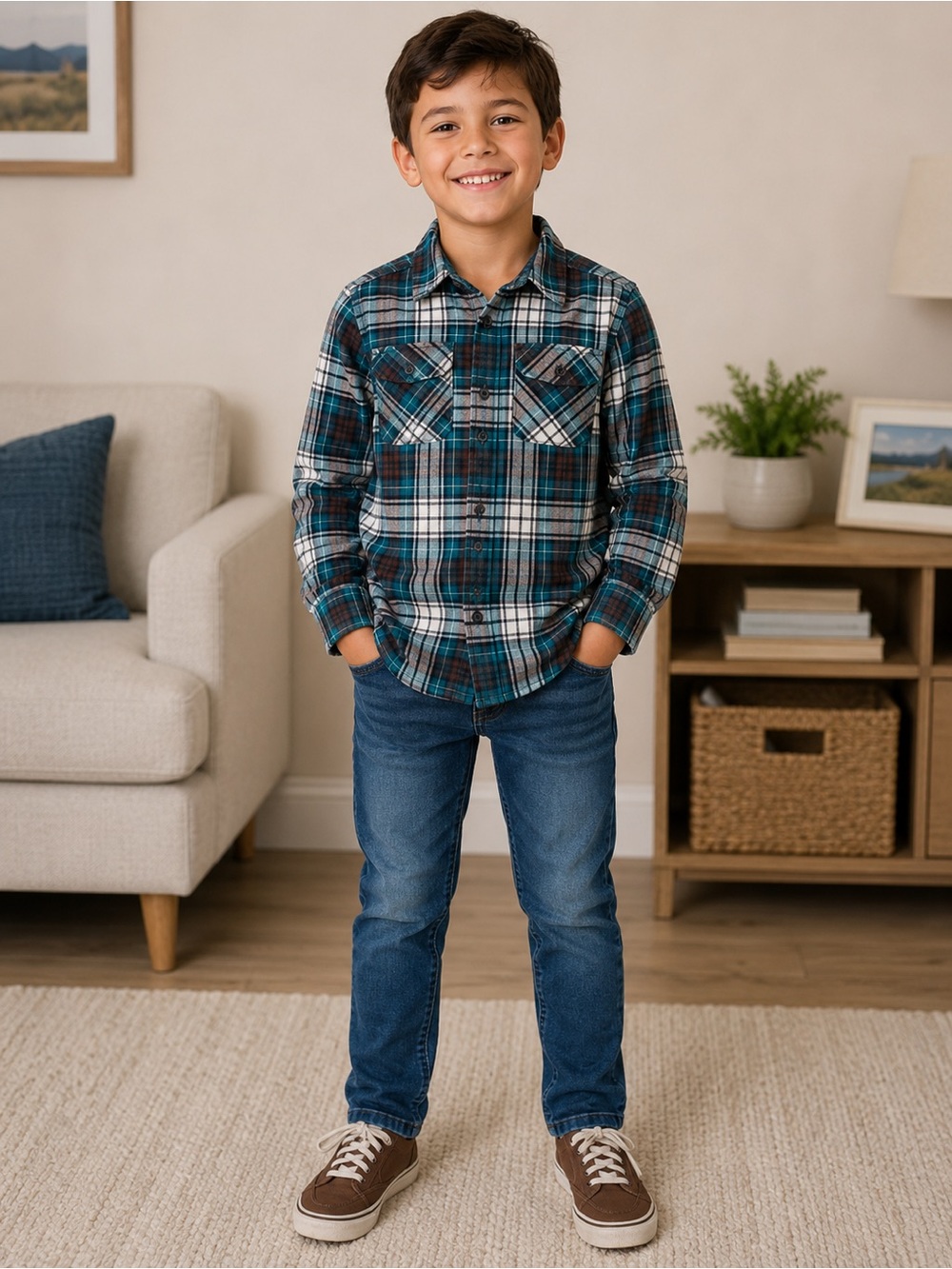 SONOMA Kids Plaid Flannel Button-Up Shirt in Teal & Brown